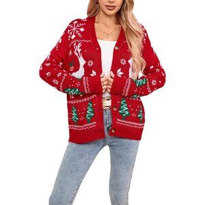 Women's Ugly Christmas Sweater Animal Tree Knit Cardigan Open Front Small